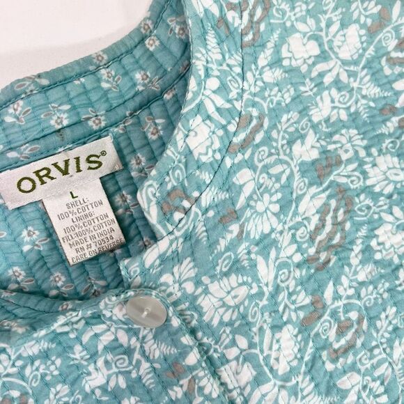 Orvis Jacket Women Large Quilted Pearl Button Front Blue Green Floral Lightweigh - Picture 4 of 10